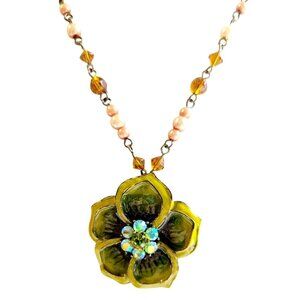 Vtg 1980s Necklace Green Enamel Flower Pendant AB Crystal Center Beaded Chain